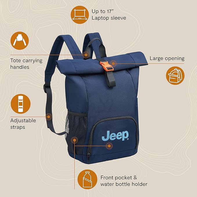Jeep JS016D Rolltop Travel Backpack, Navy, 17" Laptop
