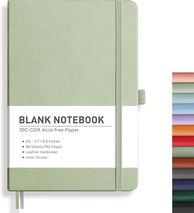RETTACY Blank Journal Notebook, A5 Blank Journal with 192 Pages, 5.7'' × 8.3'' Medium Size, 68 LB/100 GSM Thick Paper, Leather Hardcover, for Sketching, Drawing, Painting (Light Green)