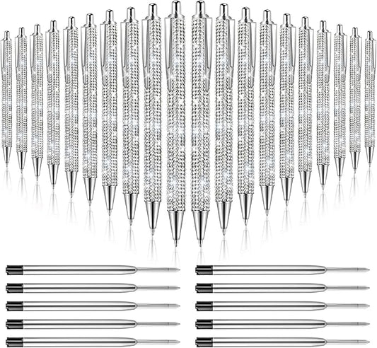 20Pcs Rhinestone Metal Ballpoint Pens Bling Pens Bulk Fancy Sparkly Crystal Diamond Pens Press Retractable Black Ink 0.7mm For Women Office Meeting Birthday Supplies Wedding Gifts(Silver)