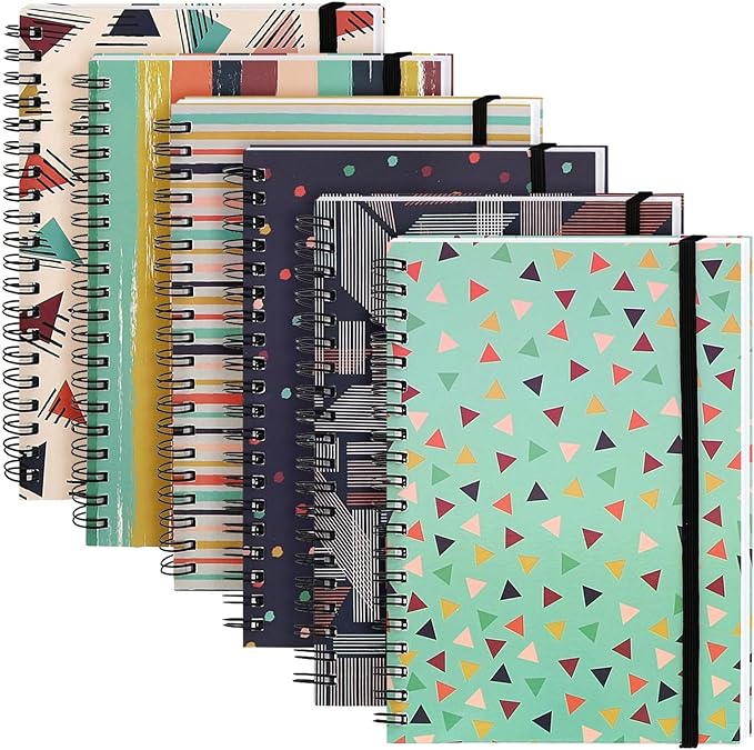 Paper Junkie 6 Pack 5x7 Spiral Notebooks with Pocket - Small Lined Journals with Elastic Closure for School, Work (6 Designs)