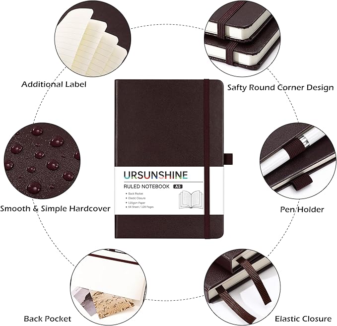Ruled Notebook/Journal - Classic Lined Journal/Notebook, 5.3'' x 8.26'', Hardcover with Thick Paper, Banded + Pen Holder +Inner Pocket - Brown