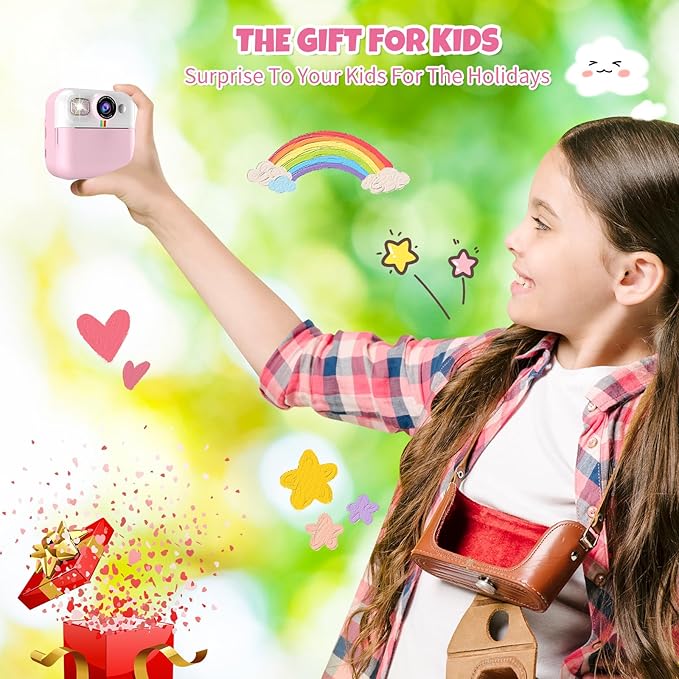 Kids Instant Print Camera, 1080P for Girls & Boys Age 3-10, Pink with 3 Roller Photo Paper