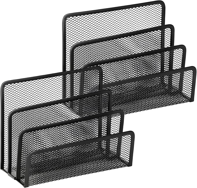 2 Pieces Desk Mail Organizer, Metal Mesh Small File Holders Letter Organizer, Bill/Document/Filing/Folders/Paper Organizer for Desktop (BLACK-2PCS)