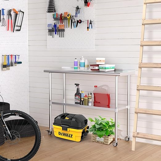 Stainless Steel Table with Wheels 18 x 48 Inches Metal Prep Table with Backsplash & Caster, Adjustable Undershelf for Commercial Kitchen, Outdoor, Restaurant, Hotel & Garage