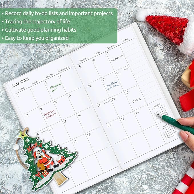 Christmas Pocket Calendar 2025-2026, 2025 Monthly Planner - 6.7" x 3.7" - Runs from January 2025 until December 2026, 2025 Pocket Planner with PVC Cover for Planning, Green