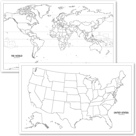 2 Pack - USA & World Map Blank Outline Posters - LAMINATED, 18" x 29" - (Wet Erase Markers Only)