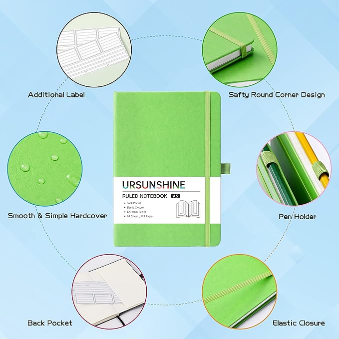 Ruled Notebook/Journal - Classic Lined Journal/Notebook, Hardcover with Thick Paper, 5.3" x 8.26", Banded + Pen Holder +Inner Pocket - Prasinous