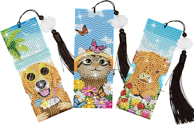 Anseal 3 Pcs Diamond Art Bookmarks for Book Lovers, Spring Summer PU Leather Aanimal Print Diamond Crafts Bookmarks for Women Girls, Tassel Beaded Book Mark for Graduation Birthday Reading Present