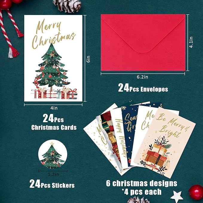 Christmas Cards Assortment, 24 Holiday Cards with Red Envelopes, Greeting and New Years Cards with 6 Designs for Christmas, Holiday, New Year Gift (4x6 Inch)