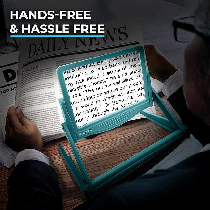 MAGNIPROS 5X Large LED Full Page Magnifying Glass with Collapsible & Detachable Stand | 3 Color Modes & Anti-Glare Lens to Reduce Eye Strain- Ideal for Reading Fine Print, Crafting, Low Vision