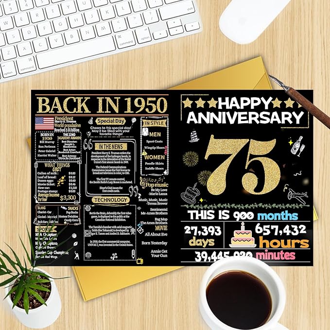 Joycard 75th Anniversary Card for Women Men, Gold Wedding Card for Wife Husband, Sweet Marriage Decorations Gifts for Couple, Perfect for Her Him on Anniversary Day, Back in 1950