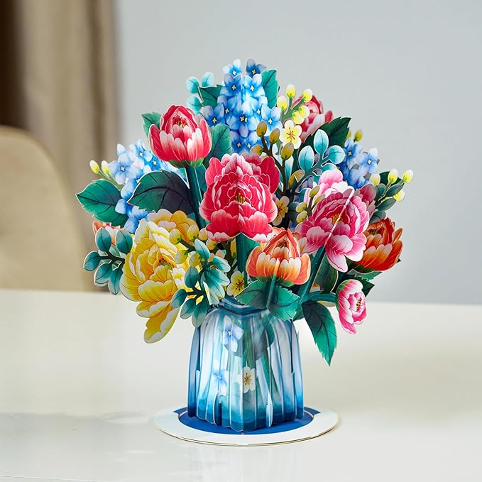 Paper Love 3D Pop Up Flower Bouquet Card, Wonderland, with Detachable Paper Flowers For Anniversay, Wedding, Thank You, Mother's Day - Jumbo 10" x 14" Card - Includes Envelope and Note Tag