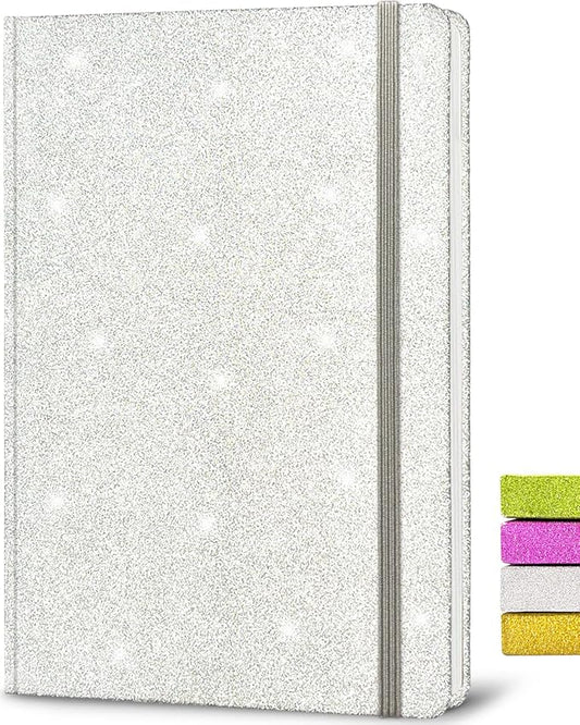 Silver Glitter Notebook, 8.3x5.7” 160 Lined Pages Glitter Never Peel Off Sparkle Journal for Girls College Ruled A5 Hardcover Notebooks for Teens Women Writing Note Taking Office Work School Gifts