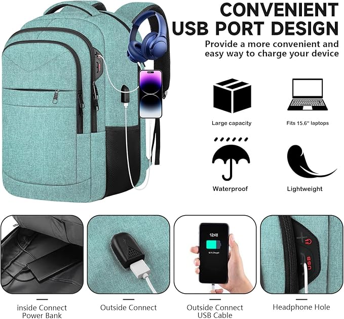 Lapsouno Business Laptop Backpack, Travel Laptop Backpack, Backpack, Anti Theft Sturdy 15.6 Inch TSA Friendly with USB Port, Water Resistant College School Computer Bag Gifts for Men Women,Lake Green