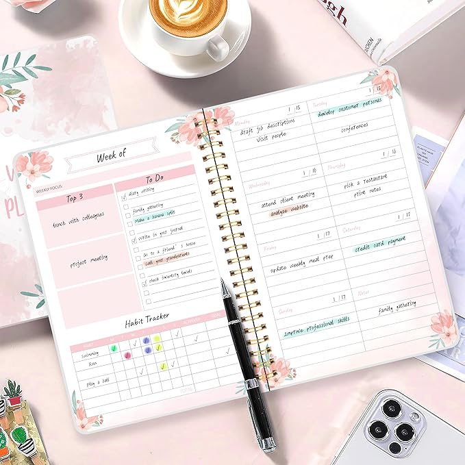 KMQOY Weekly Planner - Undated 52-Week To Do List Notebook with Habit Tracker Spiral Weekly Planner Notebook for Weekly Goals/Work Planner, 5.8" * 8" - pink flower