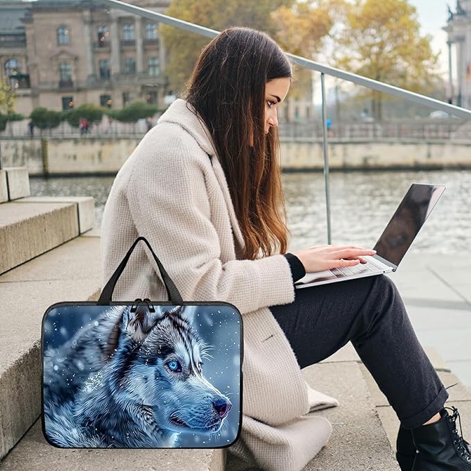 Laptop Sleeve Case Bag 15 inch, Blue Eye Wolf Slim Carrying Case Durable Handbag Travel Laptop Bag for 15 inch MacBook Air M3/M2/15 Pro/Surface Laptop 7/6/5/4/3/ Dell XPS 15 Plus