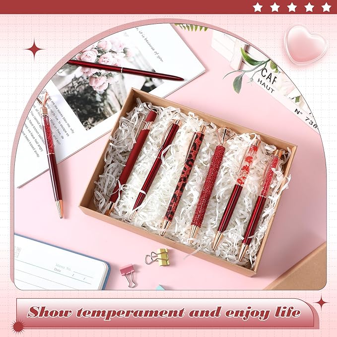 Supervitae 8 Pcs Ballpoint Pen for Women Fancy Gifts for Journaling Liquid Sand Glitter Black Ink Pens Bridal Shower Gifts for Wedding Women Office Desk School Stationery Supplies(Red)