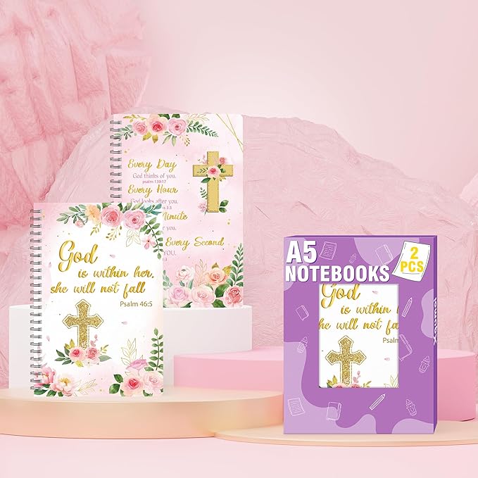 2 Pack A5 Floral Cross Religious Spiral Notebooks - She Will Not Fall Bible Verses Writing Notebooks, Ruled Hardbound Lined Journal, Christian Christmas Gift, Sunday School Supply (Pink Gold)