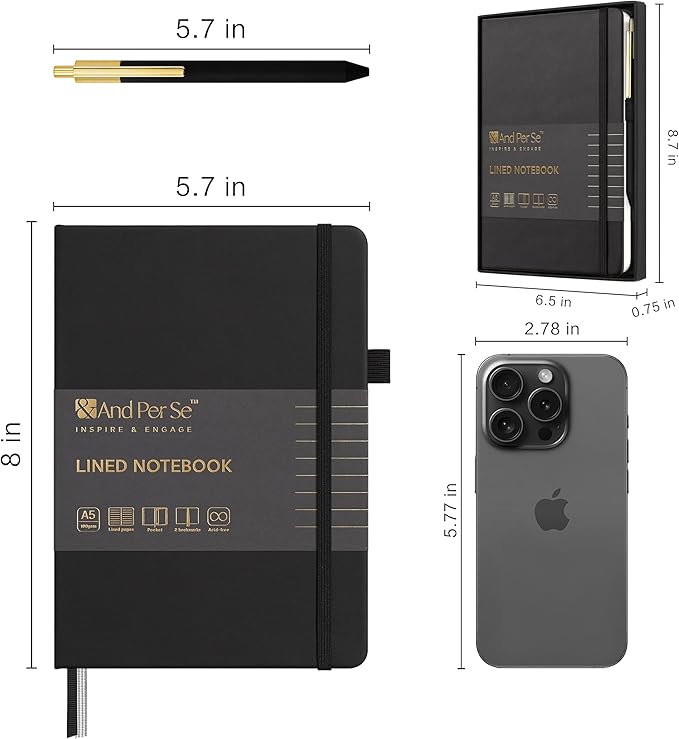 A5 Lined Leather Journal and Pen Set, Hardcover Notebook with Pen, 160 Pages 100gsm Thick Ruled Paper for Men Women, for Work, Business, School or Home Writing, 5.7'' x 8'', Gift Box Included(Black)