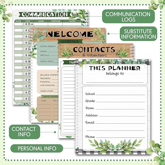 Eucalyptus Teacher Planner Undated Academic Year Teacher Lesson Planner Book Green Plants Daily Weekly Monthly Spiral Planner Checklist Organizer with Stickers for Classroom, 8.5'' x 11''