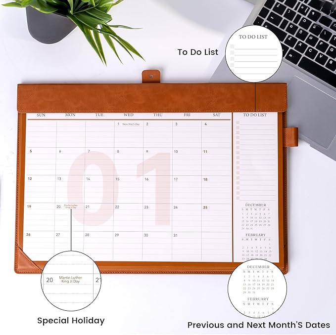 Desk Calendar 2025-2026,24 Month Wall Calendar from Jan 2025-Dec 2026, Large Desk Calendar 17" x 12" with To-Do Lists, Leather Desk Pad Calendar with PVC Cover for Home School and Office,Brown
