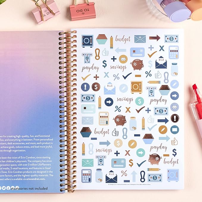 A5 Coiled 12 Month Calendar Budget Book & Financial Budget Tracker. Debt Track, Expense Planner, Spending Summary With Stickers & Quote Sheet by Erin Condren