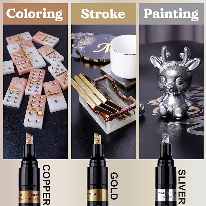 LET'S RESIN Liquid Mirror Chrome Metallic Markers, Reflective Gloss, 2-5mm Larger Application Area, 3 Colors Epoxy Resin Tools/Supplies for Coloring, Stroke, Painting, DIY Craft