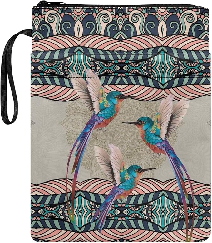 COEQINE Aesthetic Hummingbirds Aztec Style Book Cover with Zipper and Handle for Portable Travel Accessories Washable Fashion Book Lovers Book Protection Pouch