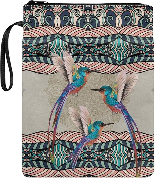 COEQINE Aesthetic Hummingbirds Aztec Style Book Cover with Zipper and Handle for Portable Travel Accessories Washable Fashion Book Lovers Book Protection Pouch