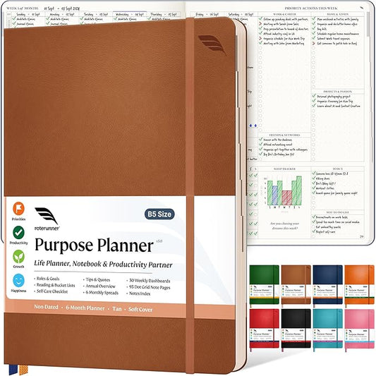 Roterunner Softcover Purpose Planner Notebook B5 7.5 x 9.8 Undated Daily Planner 2024-2025 Daily Weekly and Monthly Productivity Planner Life Planner ADHD Planner for Adults Self Care Journal