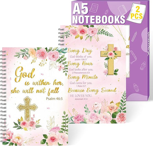 2 Pack A5 Floral Cross Religious Spiral Notebooks - She Will Not Fall Bible Verses Writing Notebooks, Ruled Hardbound Lined Journal, Christian Christmas Gift, Sunday School Supply (Pink Gold)