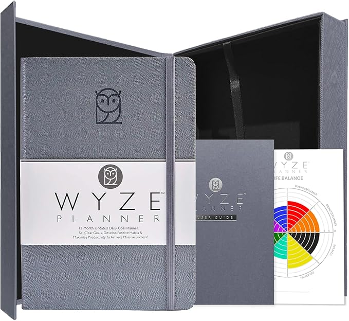 Pro - Goal Setting Planner to Increase Productivity and Achieve Personal and Business Goals. 12 Month Undated Daily, Weekly and Monthly Journal Organizer with Calendar (Gray)