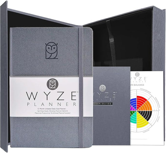 Pro - Goal Setting Planner to Increase Productivity and Achieve Personal and Business Goals. 12 Month Undated Daily, Weekly and Monthly Journal Organizer with Calendar (Gray)