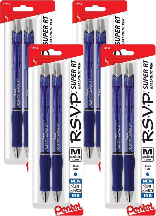 Pentel RSVP Super RT Ballpoint Pen, (1.0mm) Medium Line, Blue Ink, 2-Pk - BX480BP2C (Pack of 4)