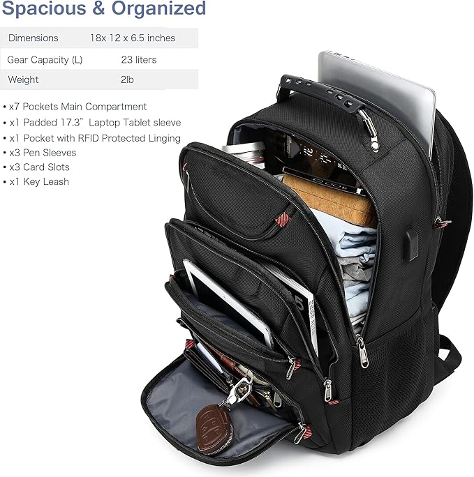 Laptop Backpack for Men - Travel Backpack with USB Charging Port for Daily Commutes and Travel -College Backpack Men - Gifts for Men - Waterproof - Black