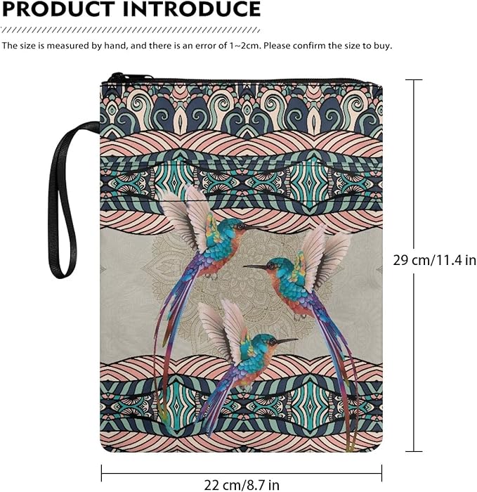 COEQINE Aesthetic Hummingbirds Aztec Style Book Cover with Zipper and Handle for Portable Travel Accessories Washable Fashion Book Lovers Book Protection Pouch
