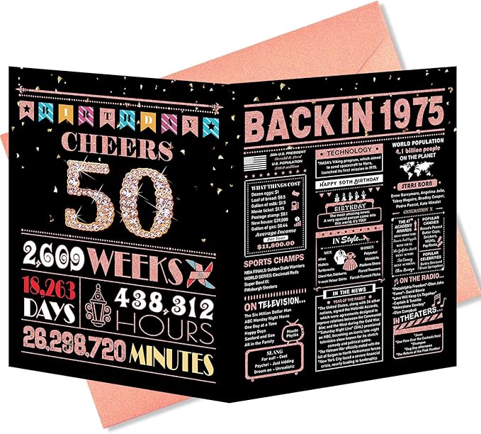 50th Birthday Card, 50th Birthday Gifts for Women, 50th Birthday Decorations for Her, Back in 1975 Birthday Card, Rose Gold