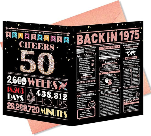 50th Birthday Card, 50th Birthday Gifts for Women, 50th Birthday Decorations for Her, Back in 1975 Birthday Card, Rose Gold