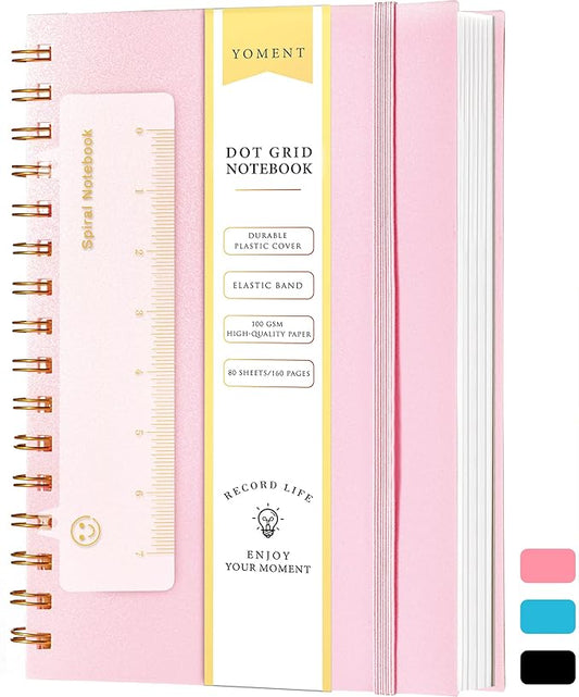 Dot Grid Spiral Notebook A5 Spiral Bullet Dotted Journal 160 Pages Thick Dot Paper Notebooks Plastic Hardcover Spiral Notebook 5x7 Wire Bound Notebooks for Note Taking School Office Supplies,Pink