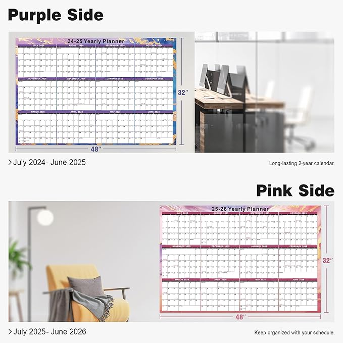 Ospelelf Large Dry Erase Calendar for Wall - 32'' x 48'' Yearly Calendar 2024-2026 Laminated Monthly Family Calendar for Office, Use July 2024 - June 2026