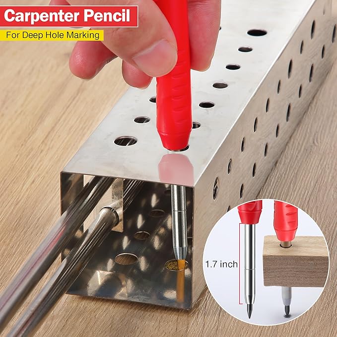 Hiboom 3 Pack Solid Carpenter Pencil with 21 Refill, Long Nosed Deep Hole Mechanical Pencil Marker with Built in Sharpener for Carpenter, Design Patent (Blue, Red, Black Cover)