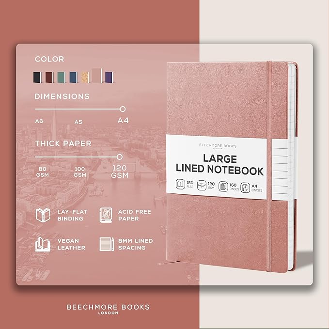 BEECHMORE BOOKS Lined Journal Notebook, 8.5 x 11.5 inch, A4 160 Lined Pages, Hardcover Leather Journals for Women, Men, Writing and Notebooks for Work - 120 GSM Thick Paper, Gifts Box Included