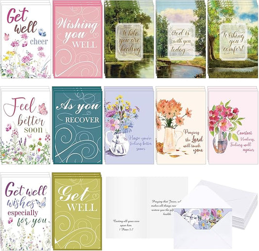 36 Sets Christian Get Well Soon Cards with Scripture Assorted Religious Bible Verse Wishing You Well Greeting Cards with Envelope(Printing Floral)