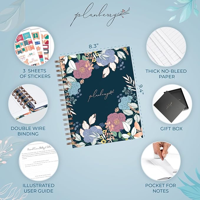 PLANBERRY Large Budget Planner & Monthly Bill Organizer with Pockets – Budgeting Book, Finance & Expense Tracker, 8.3x9.4″ (Spring Bloom)
