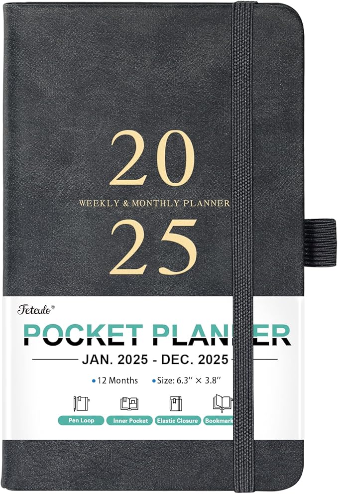 2025 Pocket Planner/Calendar - Pocket Planner 2025, JAN 2025 - DEC 2025, Pocket Calendar 2025 for Purse, 6.3'' × 3.8'', Elastic Bound, Bookmark, Inner Pocket, Agenda Planner with Pen Holder