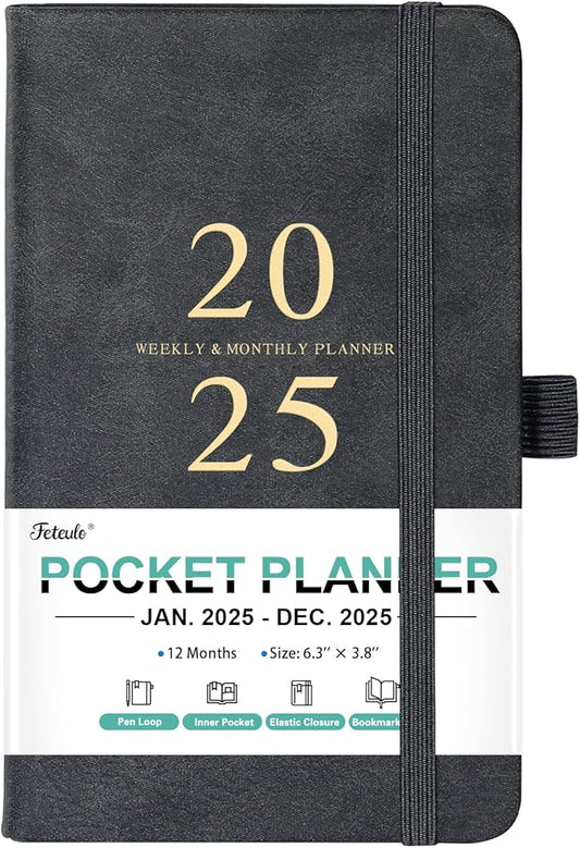 2025 Pocket Planner/Calendar - Pocket Planner 2025, JAN 2025 - DEC 2025, Pocket Calendar 2025 for Purse, 6.3'' × 3.8'', Elastic Bound, Bookmark, Inner Pocket, Agenda Planner with Pen Holder