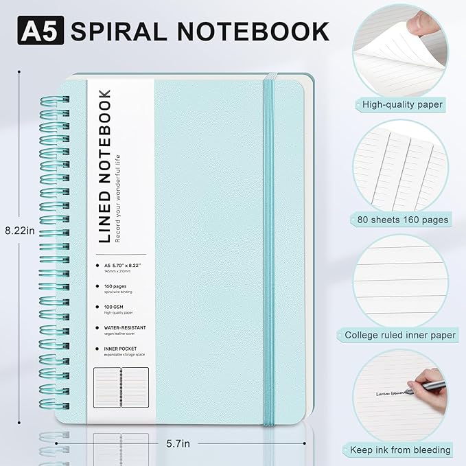 Light Green Lined Spiral Journal Notebook with 160 Pages, 8×5.7in, A5 Spiral Notebook, Journaling Notebooks for Work, School, Women, Men, College Ruled Spiral Notebook, Hardcover Leather Journals