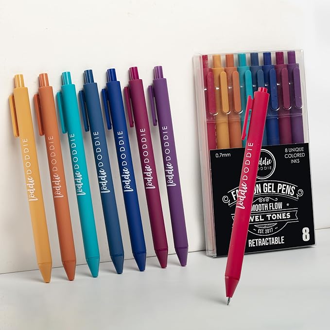Loddie Doddie Jewel Tones Gel Pens - 0.7mm Medium Point, Smooth Writing, Retractable Gel Pens - No Bleed, Non-Smudge, Colored, 8-Pack for Journaling and Note Taking