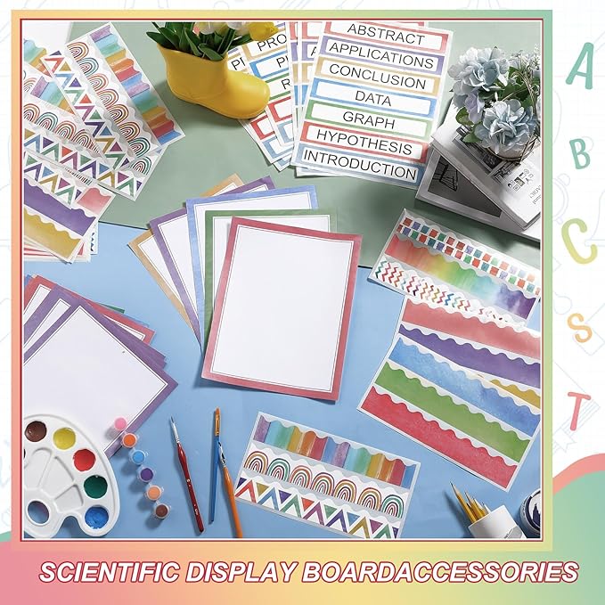 90 Pcs Science Fair Board Supplies 60 Trim Scalloped Bulletin Board Borders 24 Presentation Board Subtitles 6 Science Fair Titles for Classroom Display Boards (Watercolor)