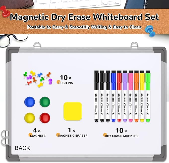 Monthly Calendar Whiteboard Dry Erase Cork Board Combination for Wall, 17"x13" Magnetic Dry Erase Board, Double-Sided White Board, Portable Board for Office, Kitchen, Planning, Memo, School, Home